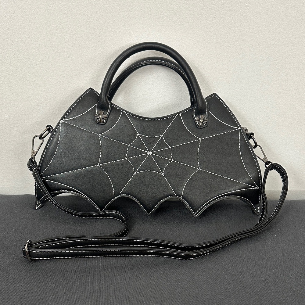 Black Bat Shaped Handbag with Spider Web design